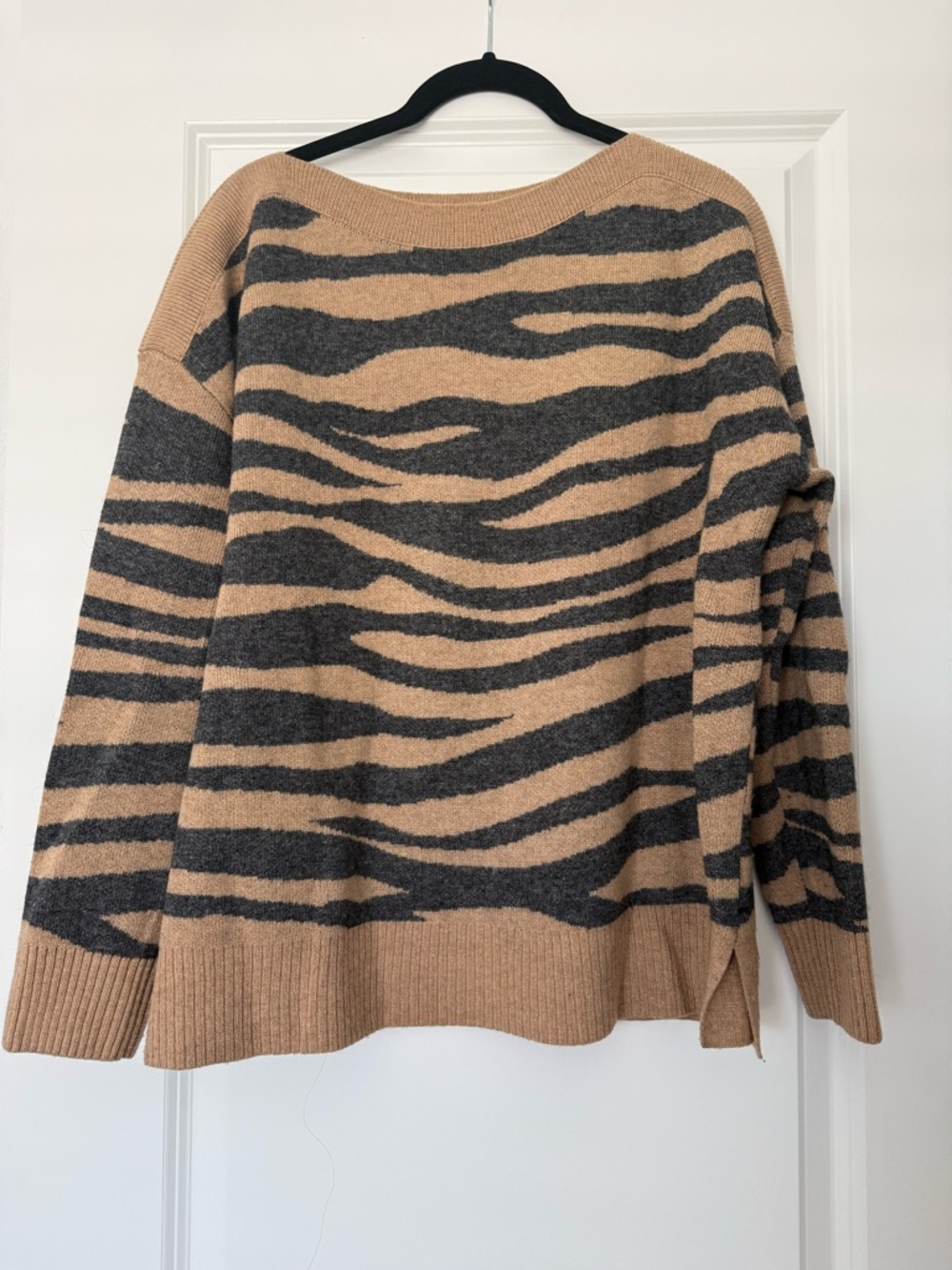 LOFT Camel and Charcoal Zebra-Stripe Crewneck Pullover